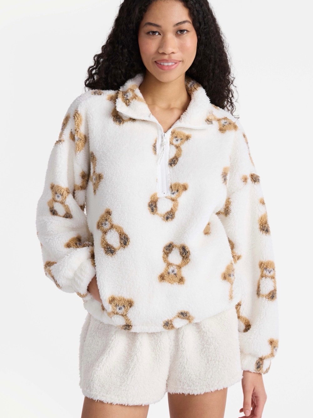 No Boundaries White Teddy Print Half-Zip Sherpa Pullover